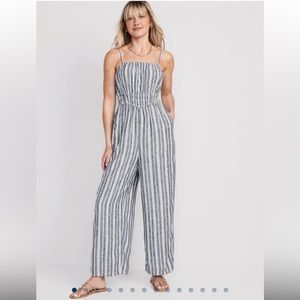 NWT Old Navy Striped Linen-Blend Smocked Wide-Leg Jumpsuit - Small Tall